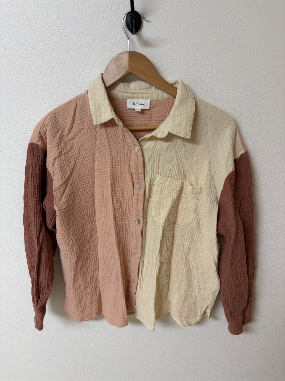 Bohme Colorblock Cotton Gauze Button-Down Shirt - Cream & Dusty Rose women’s XS
